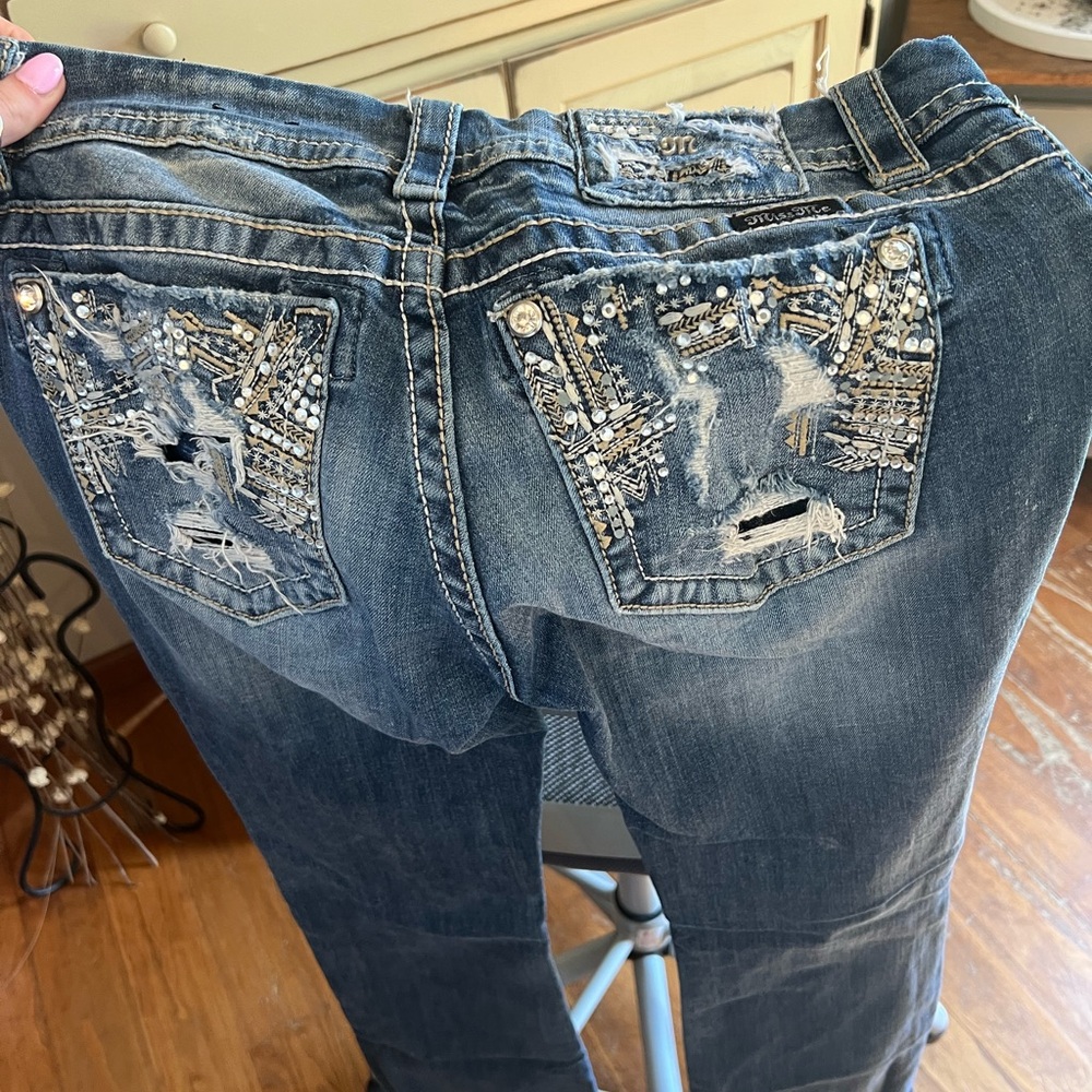 Miss Me Blue Boyfriend Jeans with Rhinestone Embellishments